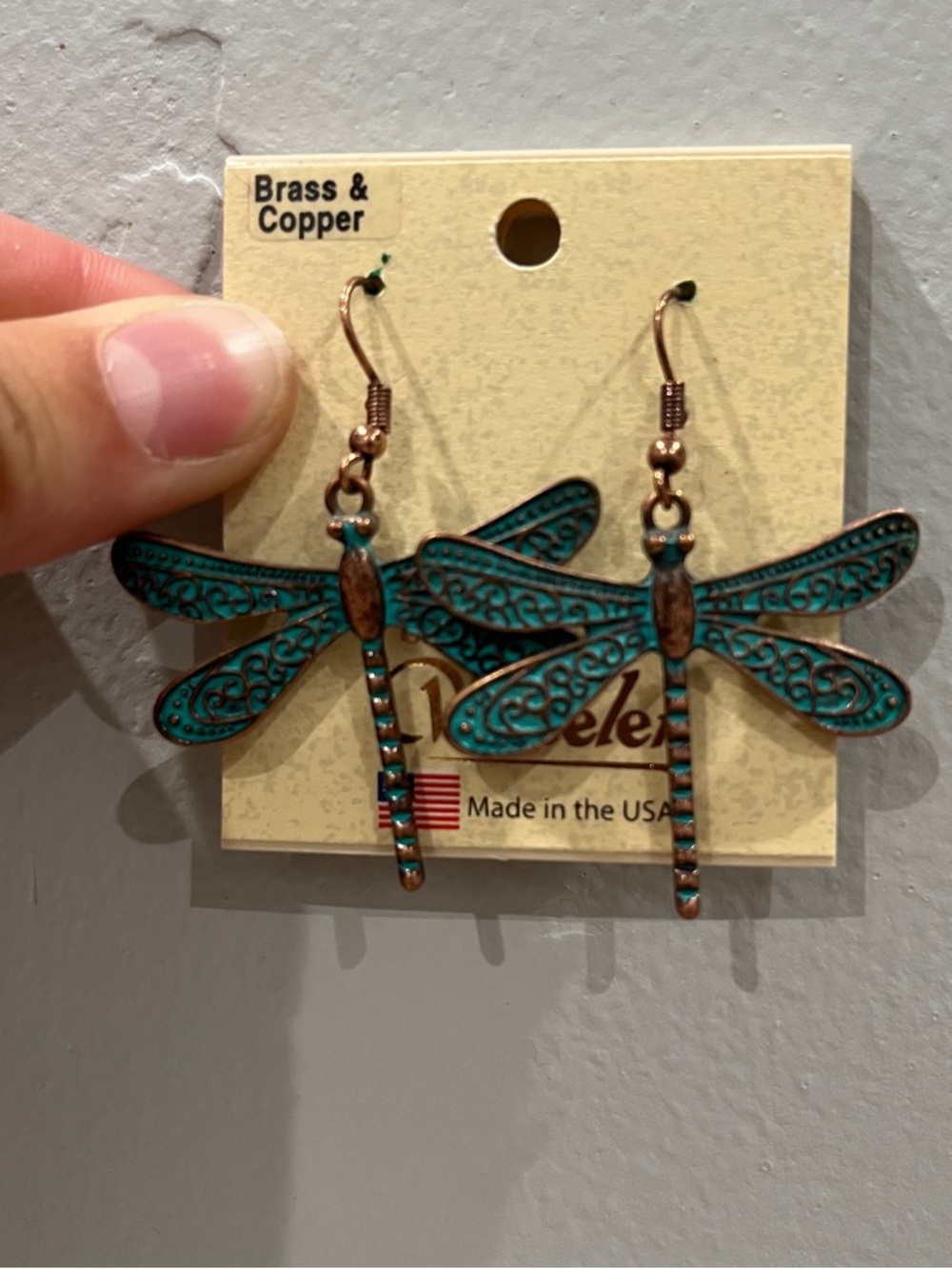 Patina Dragonfly Dangle Earrings - Turquoise Copper Finish